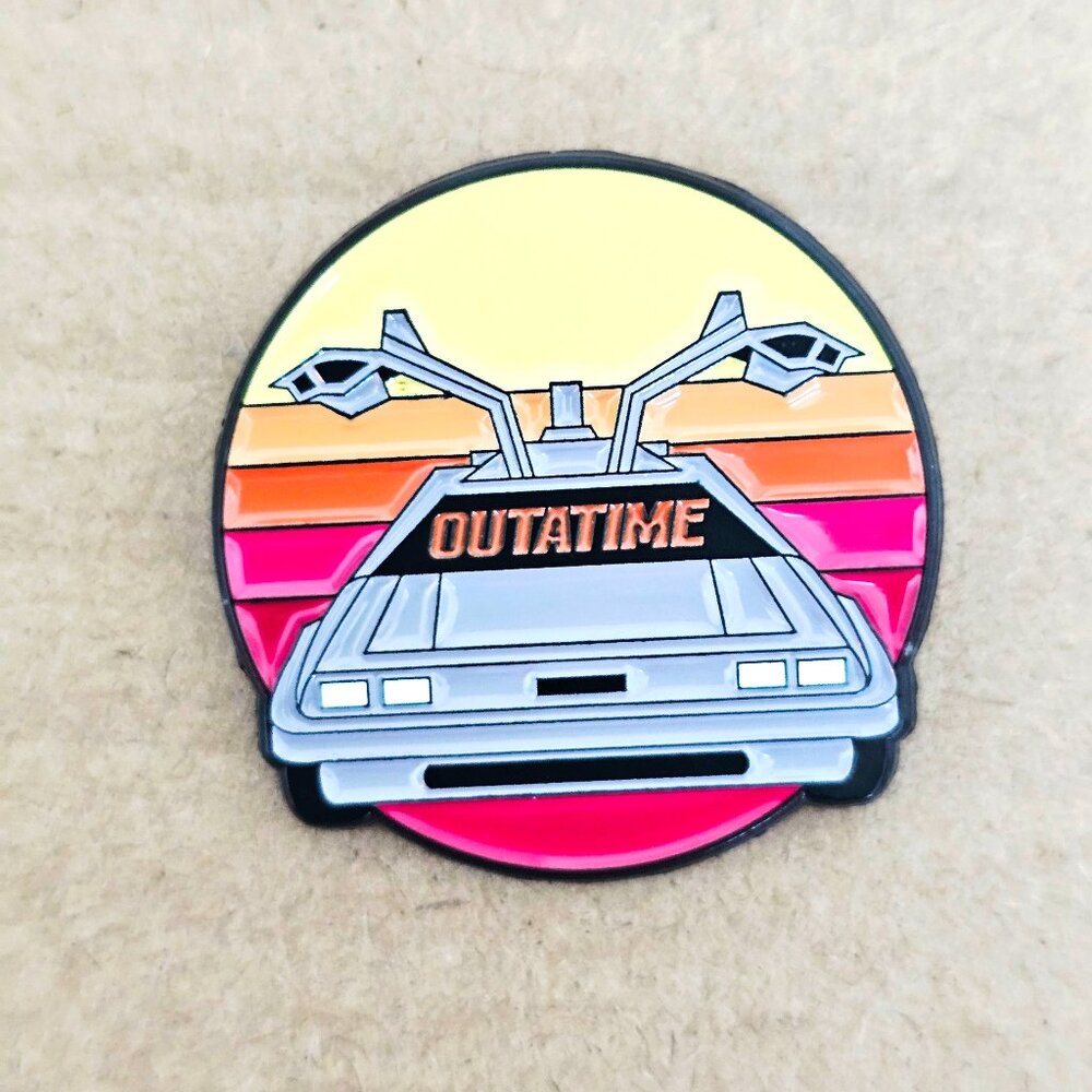 Back to the Future Retro Car Enamel Pin “OUTATIME” 80s Time Travel Movie McFly